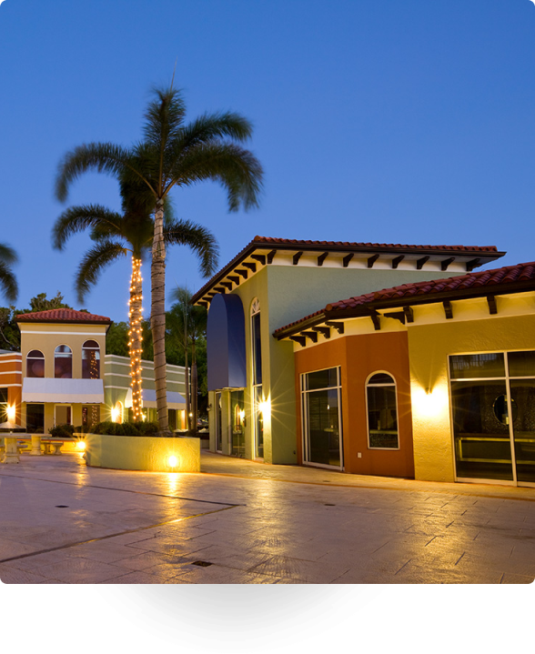 Colorful commercial buildings with palm trees at dusk.