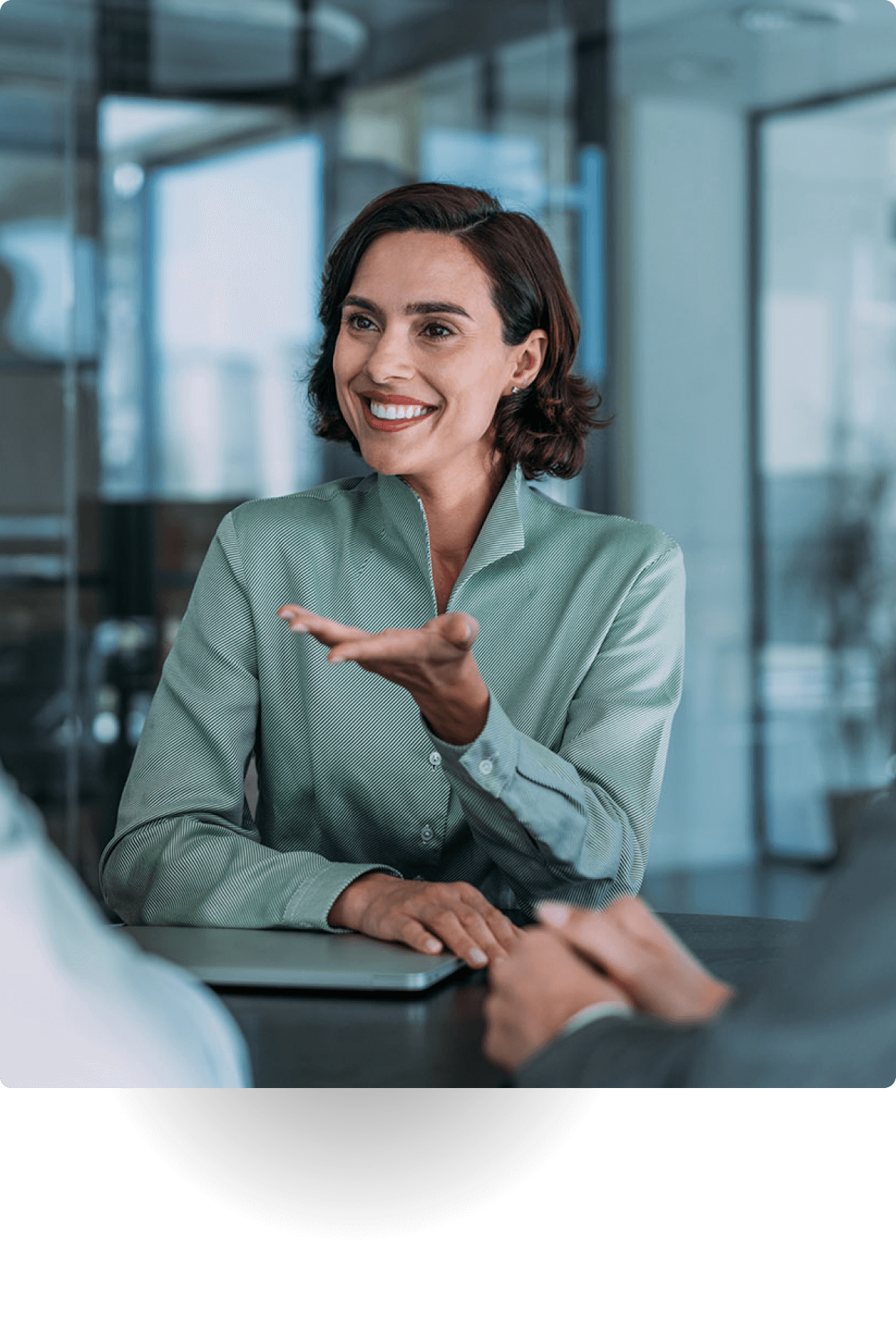 Smiling businesswoman in a meeting.