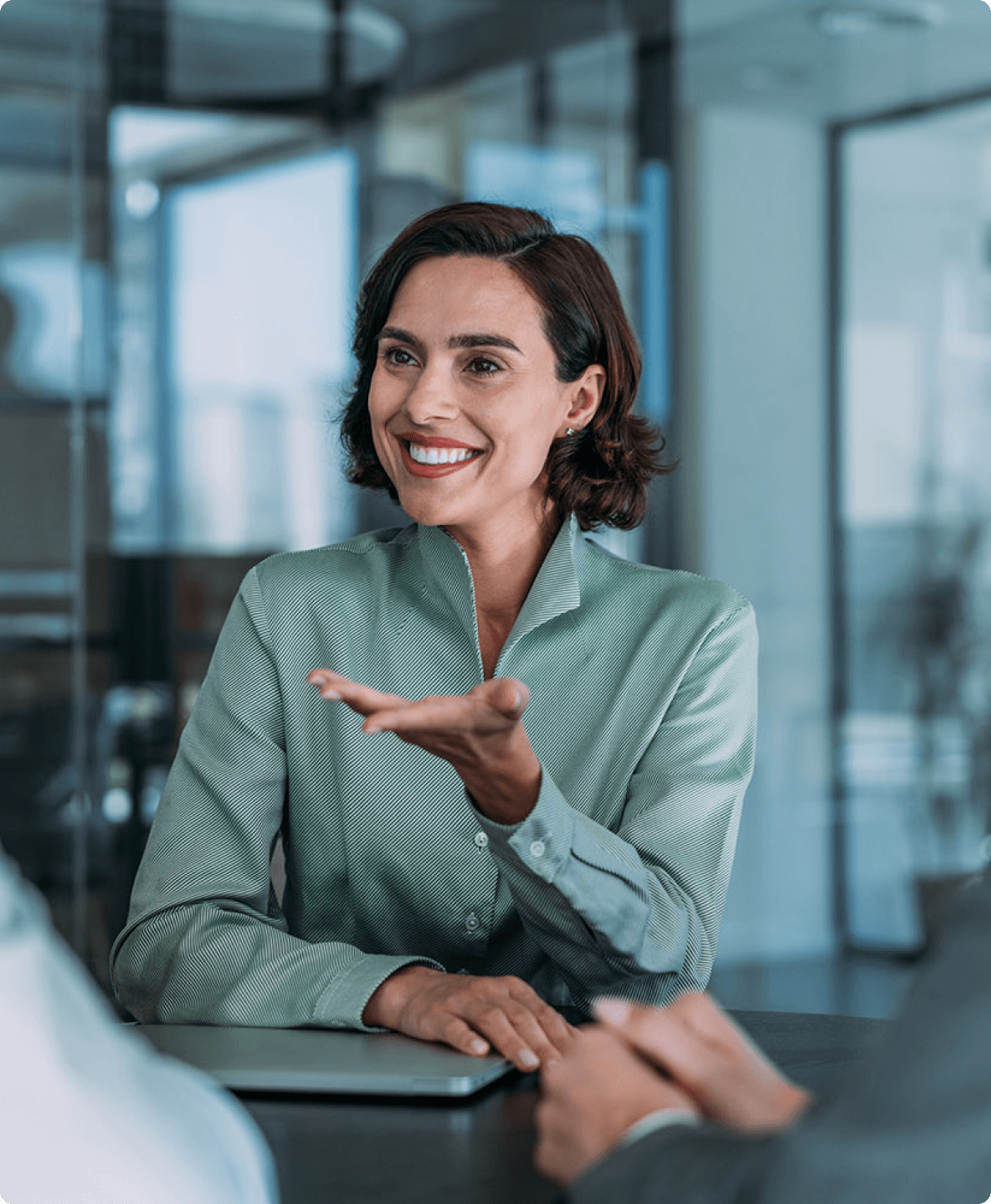 Smiling businesswoman in a meeting.