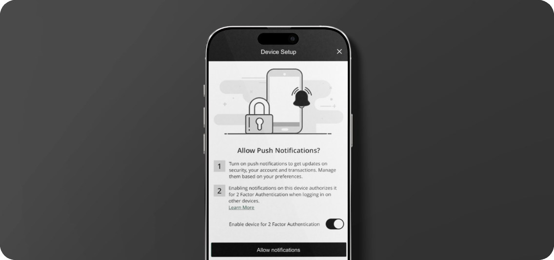 iPhone displaying the Banesco USA mobile app push notifications setup screen